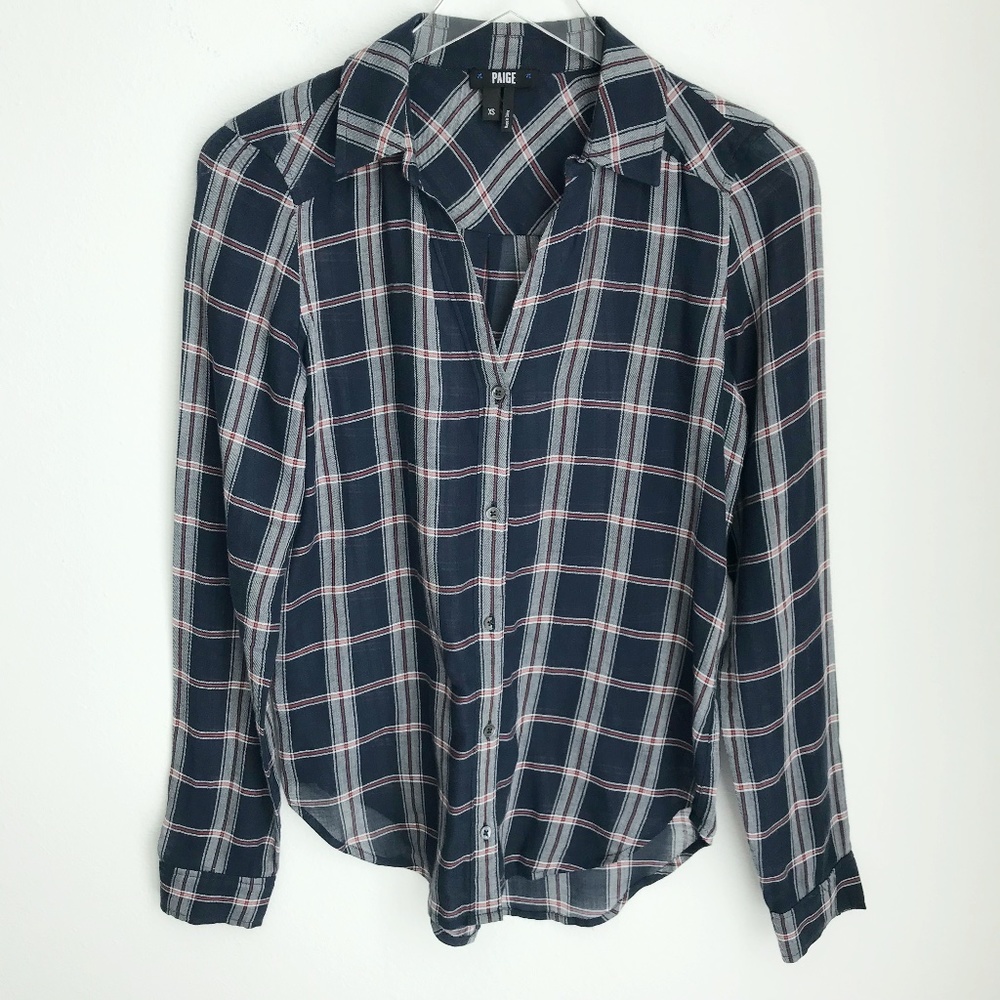 Paige Denim Plaid Cotton Button Down Shirt Size XS Dark Ink Blue/Baked Apple